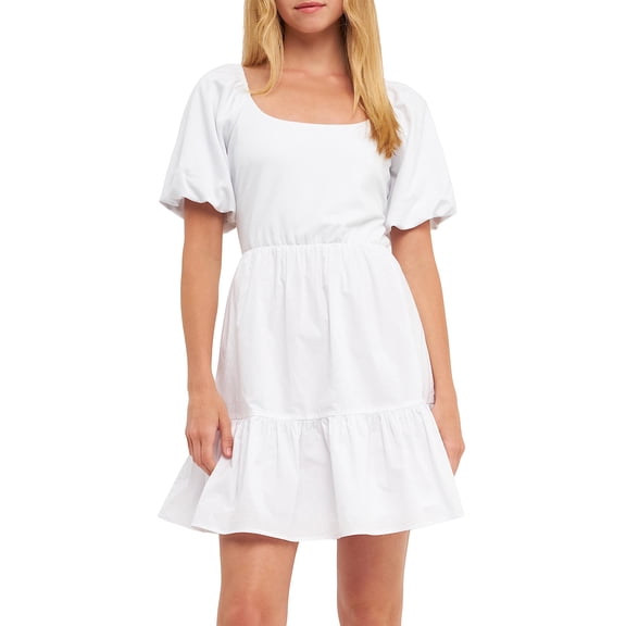 English Factory Women's Mixed Media Puff Sleeves Back Bow Mini Dress, White, L