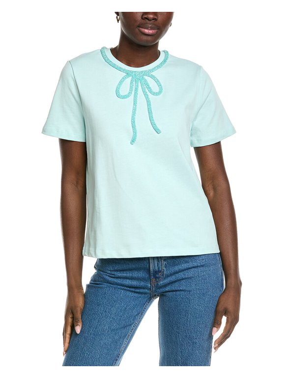 womens Beaded Bow T-Shirt, xs, Green