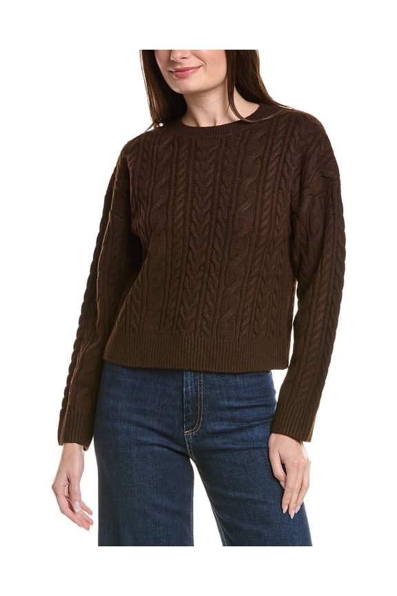 womens Crewneck Cable Wool-Blend Sweater, l, Brown
