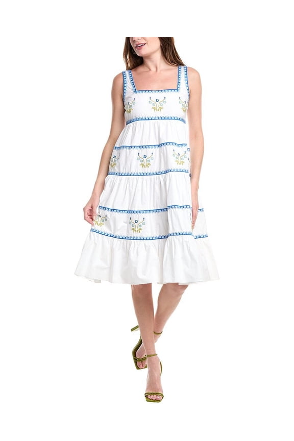 womens Embroidered Tiered A-Line Dress, xs, White
