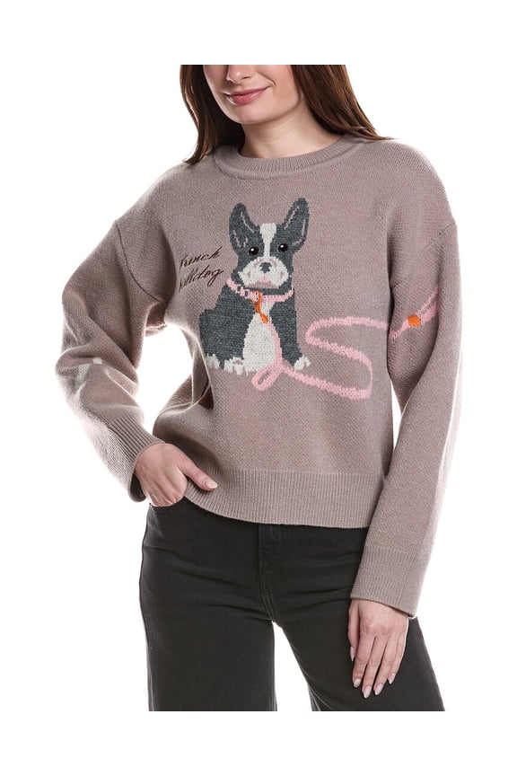 womens French Bulldog Sweater, xs, Brown