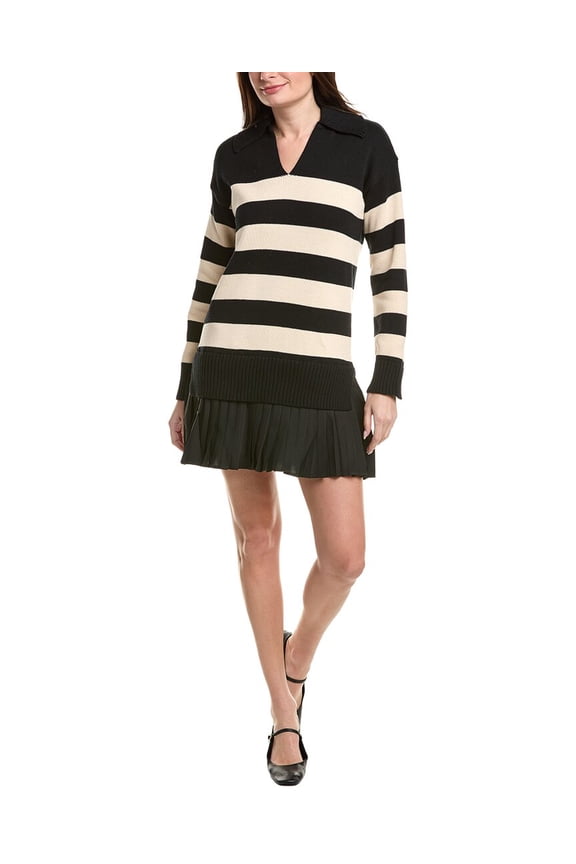 womens Mixed Media Stripe Pleated Mini Dress, l, Black