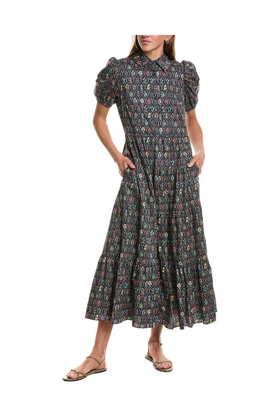 womens  Print Button Up Maxi Dress, s, Navy