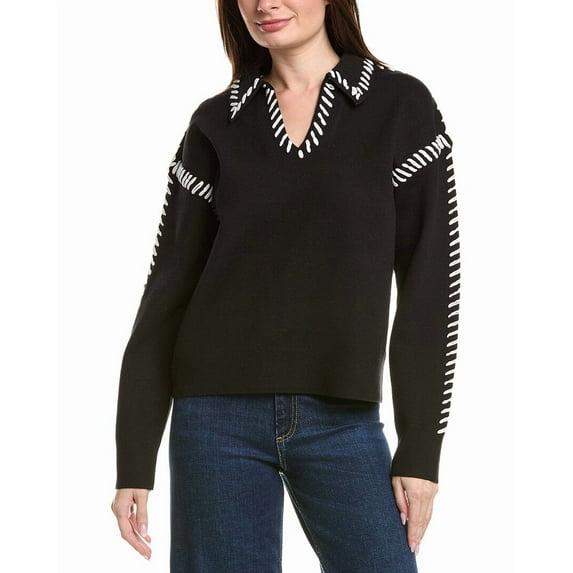 English Factory womens Stitch Detail Collar Top, xs, Black