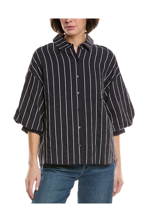 womens Stripe Ballon Sleeve Shirt, s, Blue