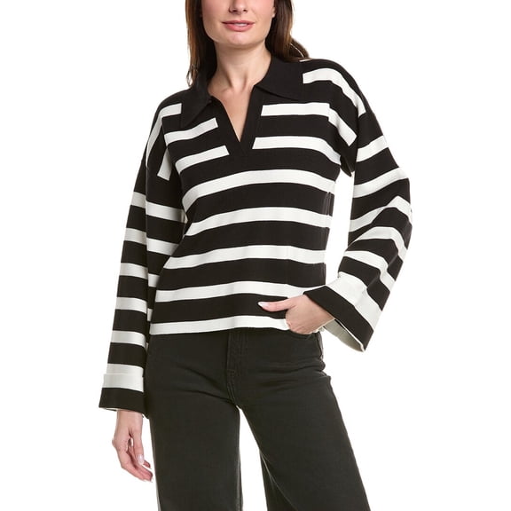 English Factory womens Striped Collared Cropped Sweater, xs, Black