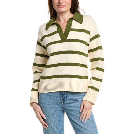 English Factory womens Striped Collared Sweater, l, Green