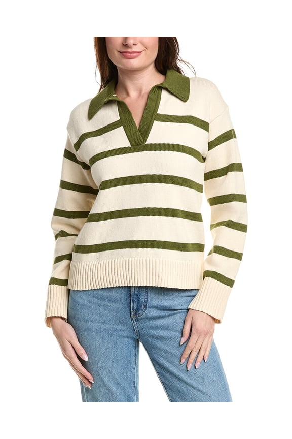 womens  Striped Collared Sweater, s, Green