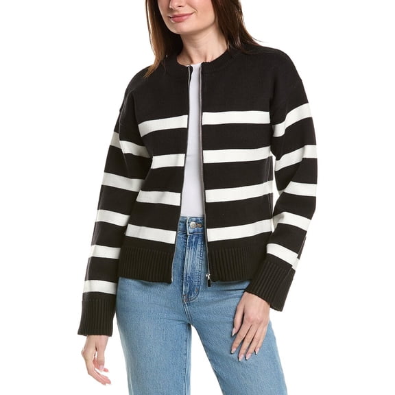 English Factory womens Zip-Up Striped Sweater, s, Black