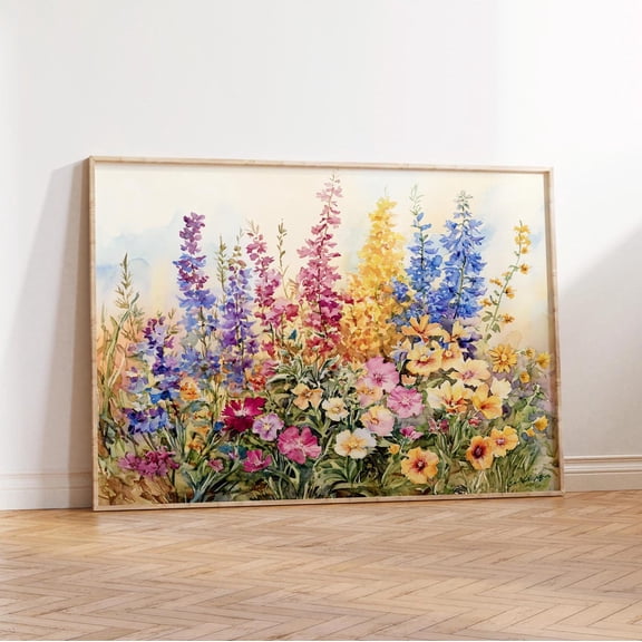 English Flower Garden , Cottage Spring Flower Landscape Art Printable Colorful Floral Art, Summer Farmhouse Wall Decor, Size 8x12 UNFFRAMED