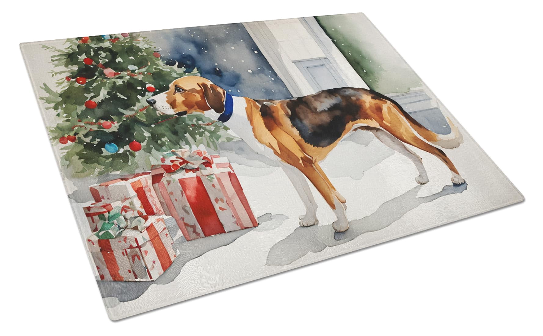 English Foxhound Cozy Christmas Glass Cutting Board Large 12 in x 15 in