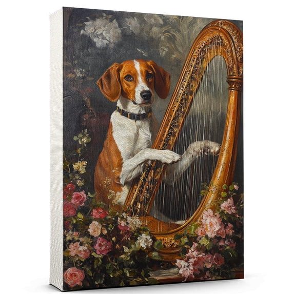 English Foxhound Cute Dog Harp Stretched Canvas Size 8x12 – Retro English Foxhound Dog Batter in Action With Harp for Themed Living Room