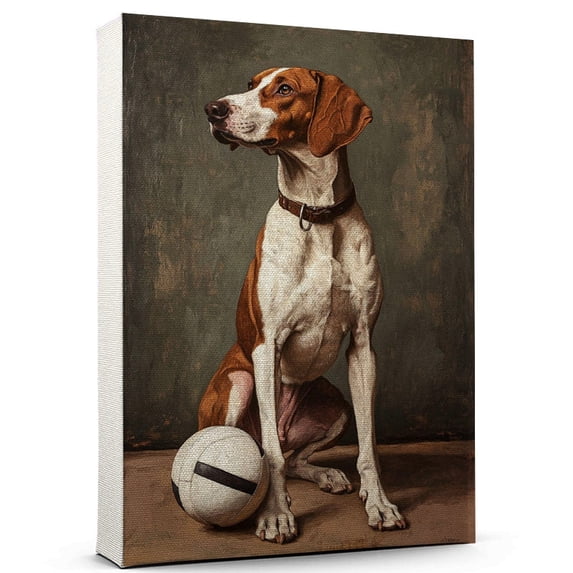 English Foxhound Cute Dog Volleyball Poster Canvas – Retro English Foxhound Dog Batter in Action With Volleyball for Themed Living Room