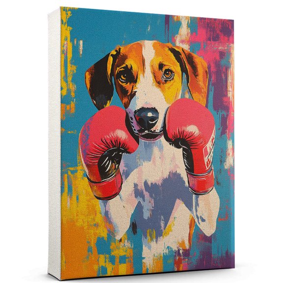 English Foxhound Dog Canvas Boxing Canvas  Cute English Foxhound Canvas Wall Art of Puppy Playing Boxing, Perfect for Dog and Sports Fans