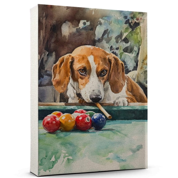 English Foxhound Dog Canvas Canvas Billiards Theme Dog Art for Wall, English Foxhound Dog Playing Billiards Wall Art, Dog Lover Canvas Decor