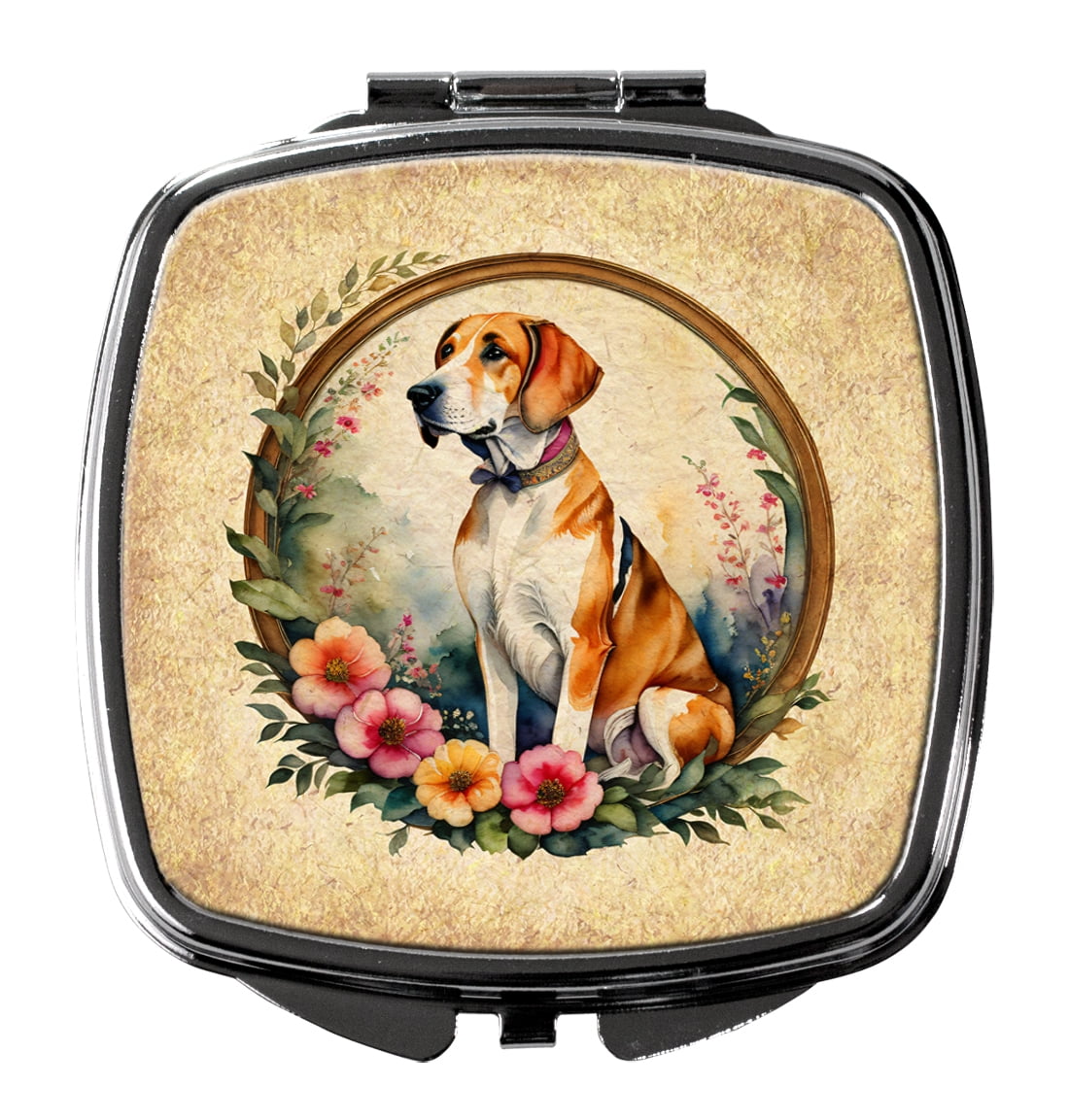 English Foxhound and Flowers Compact Mirror 2.75 in x 3 in