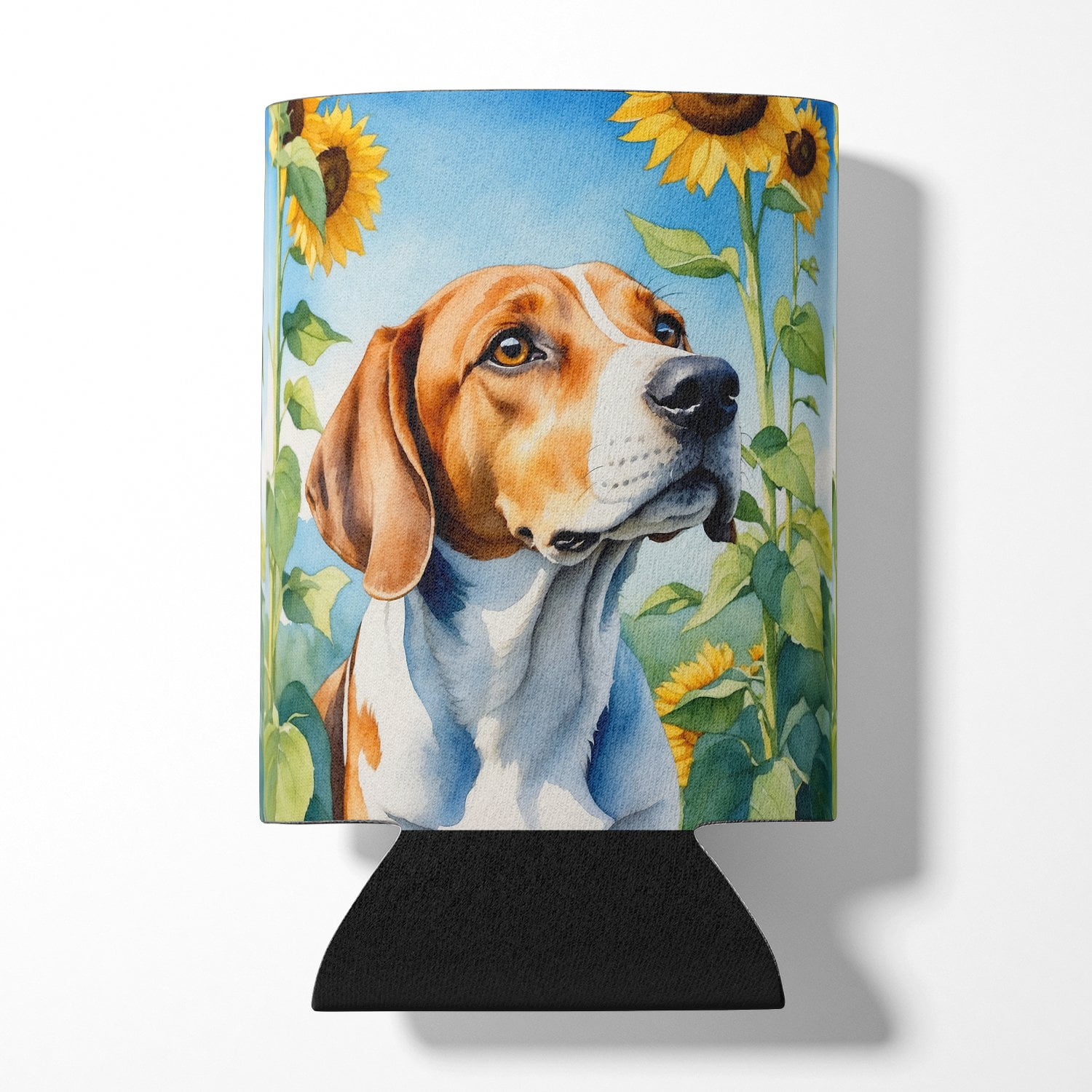 English Foxhound in Sunflowers Can or Bottle Hugger 3 in x 5 in