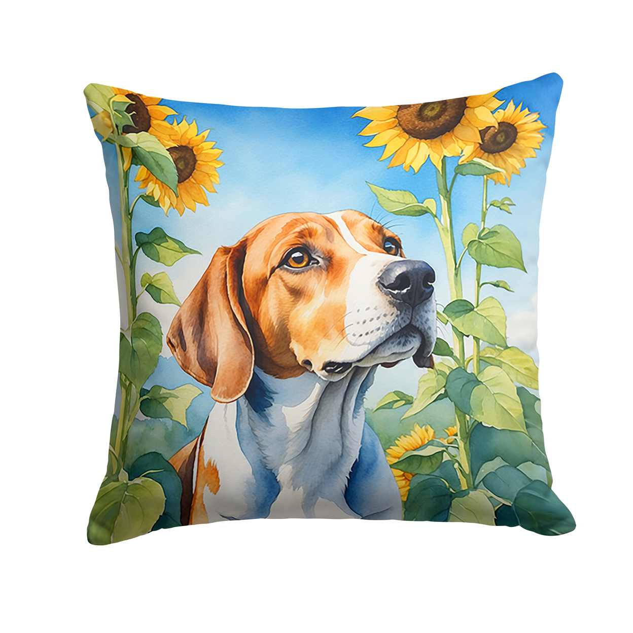English Foxhound in Sunflowers Throw Pillow 18 in x 18 in
