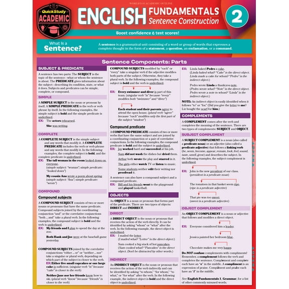 English Fundamentals 2 - Sentence Construction : QuickStudy Language Arts Laminated Reference & Study Guide (Edition 2) (Other)