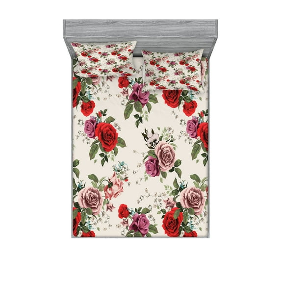 English Garden Fitted Sheet & Pillow Sham Set, Floral Repeating Pattern of Romantic Roses Spring Love Themed, Decorative Printed 6 Piece Bedding Decor Set, Queen, Champagne Multicolor, by Ambesonne