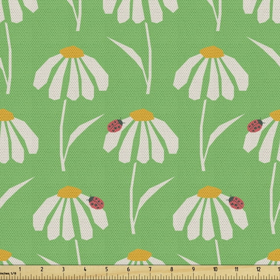 Ambesonne English Garden Fabric by the Yard Upholstery, Daisies Ladybugs, 3 Yards, Multicolor
