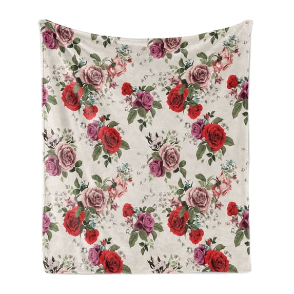 English Garden Soft Flannel Fleece Throw Blanket, Floral Repeating Pattern of Romantic Roses Spring Love Themed, Cozy Plush for Indoor and Outdoor Use, 60" x 80", Champagne Multicolor, by Ambesonne
