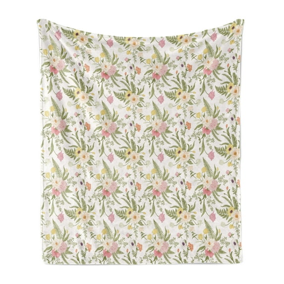 English Garden Soft Flannel Fleece Throw Blanket, Repetitive Floral Pattern with Vintage Different Flowers Bouquet, Cozy Plush for Indoor and Outdoor Use, 50" x 70", Multicolor, by Ambesonne