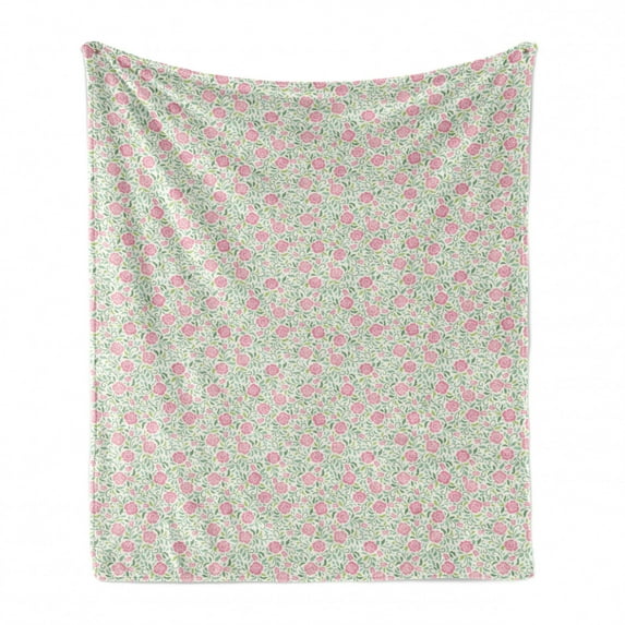 English Garden Soft Flannel Fleece Throw Blanket, Romantic Pattern with Roses and Leaves, Cozy Plush for Indoor and Outdoor Use, 60" x 80", Ivory Pink, by Ambesonne