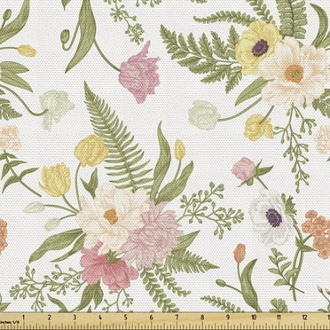 Ambesonne English Garden Fabric by the Yard Upholstery, Vintage Pastel Flora, 5 Yards, Multicolor