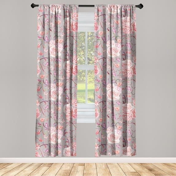 English Garden Window Curtains, Dreamy Composition Colorful Floral Pattern with Butterflies, Lightweight Decor 2-Panel Set with Rod Pocket, Pair of - 28"x95", Pale Grey and Pastel Pink, by Ambesonne