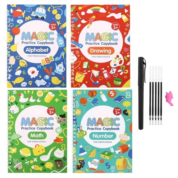 English Grooved Copybook Set for Kids - 4-Book Kit + Pen Grip + 5 Refills + Holder, Handwriting Practice for Beginners, Home School Travel