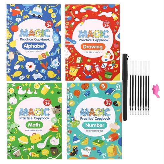 English Grooved Copybook Set for Kids - 4-Book Kit + Pen Grip + 8 Refills + Holder, Handwriting Practice for Beginners, Home School Travel