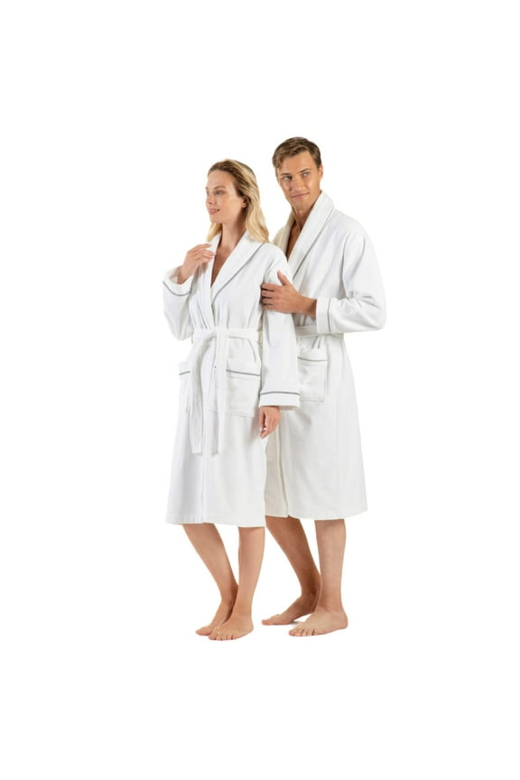 Premium Cotton Robes for Women, Lightweight Mens Robe, Unisex Terry Cloth Bathrobe, Soft Shower Spa Robe, White Gray, S/M, 1 Pcs