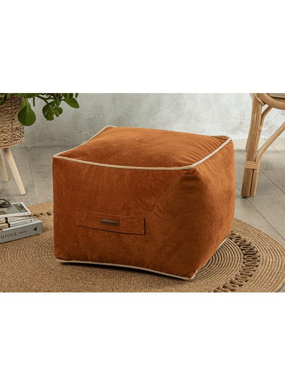 English Home Ottoman Pouffe, Comfortable Cube Foot stool, Soft Velvet Bean Bag, Home Decor Footstool Extra Seating for Living Room, Bedroom, Casha, 17.7x17.7 inch , Terracotta