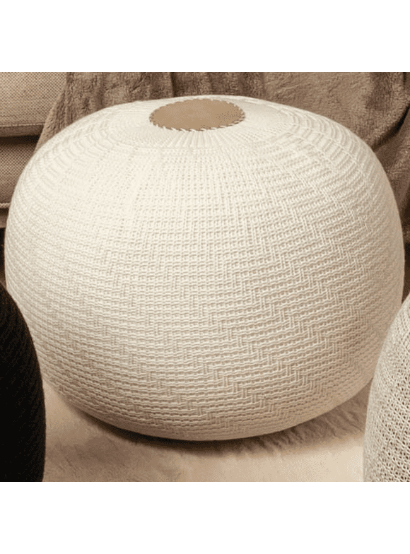 English Home Round Ottoman Pouf Footstool Knitted Pouffe Stool Seat Cushion Boho Home Decor Extra Seating Floor Cushion for Living Room, Bedroom, Indoor, Outdoor 37 x 50 cm Ecru