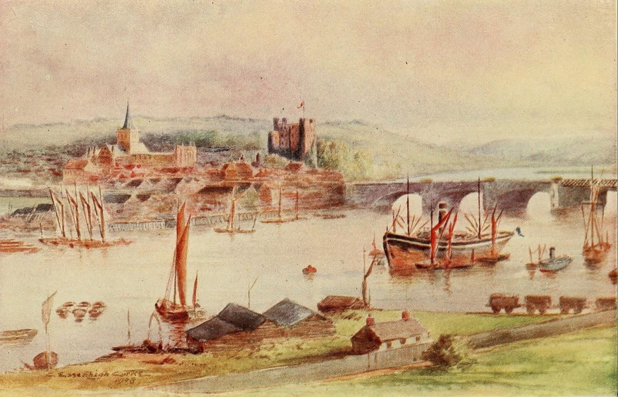 English Homes & Villages 1909 Rochester from the River Canvas Art - Charles E Corke (24 x 36)