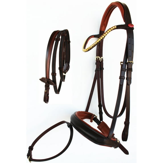 English Horse All Purpose Padded Leather Flash Bridle Reins Brass Conker Brown 803479CKF