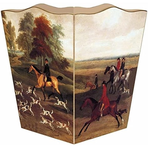 - English Hunt Scene Wastepaper Basket, Wood Wastepaper Basket, Decoupage, Handmade, Made in The USA$$Storage