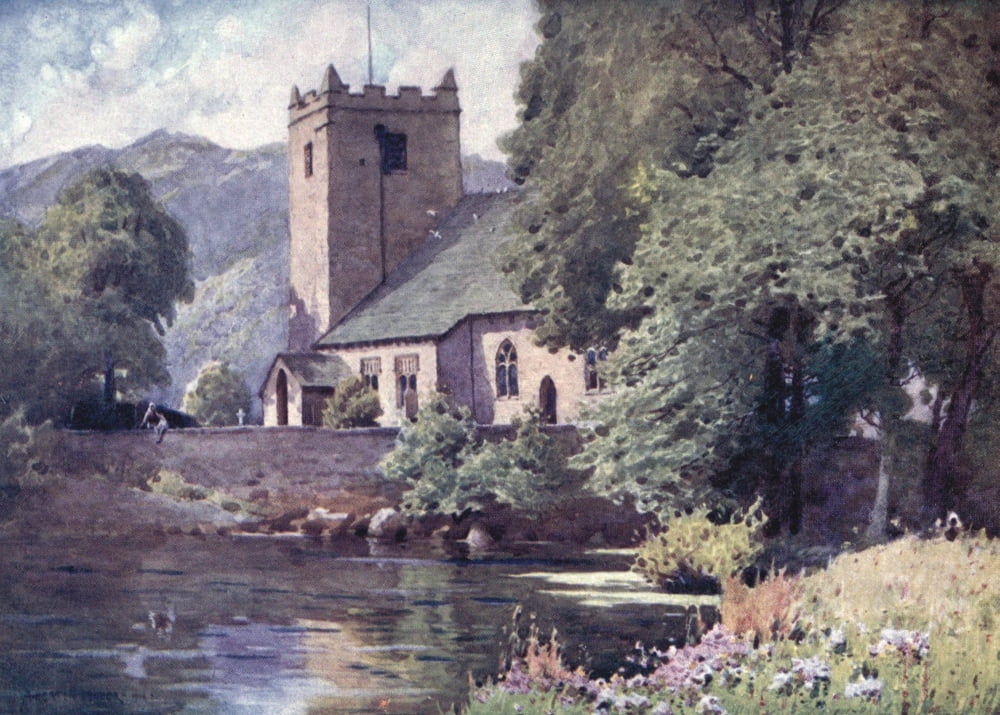 English Lakes 1908 Grasmere Church Canvas Art - A Cooper (24 x 36)