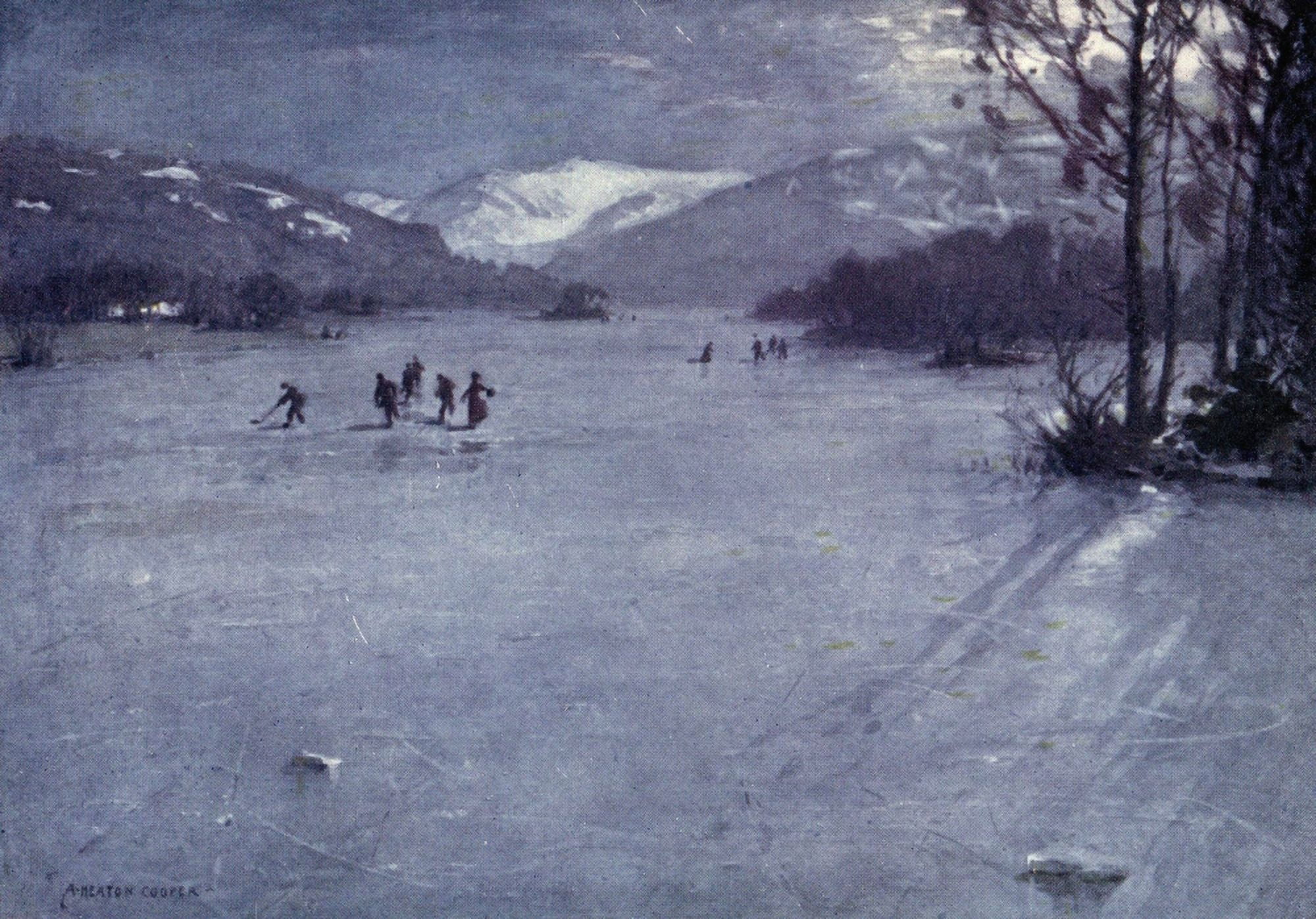 English Lakes 1908 Skating by moonlight on Windermere Canvas Art - A Cooper (18 x 24)
