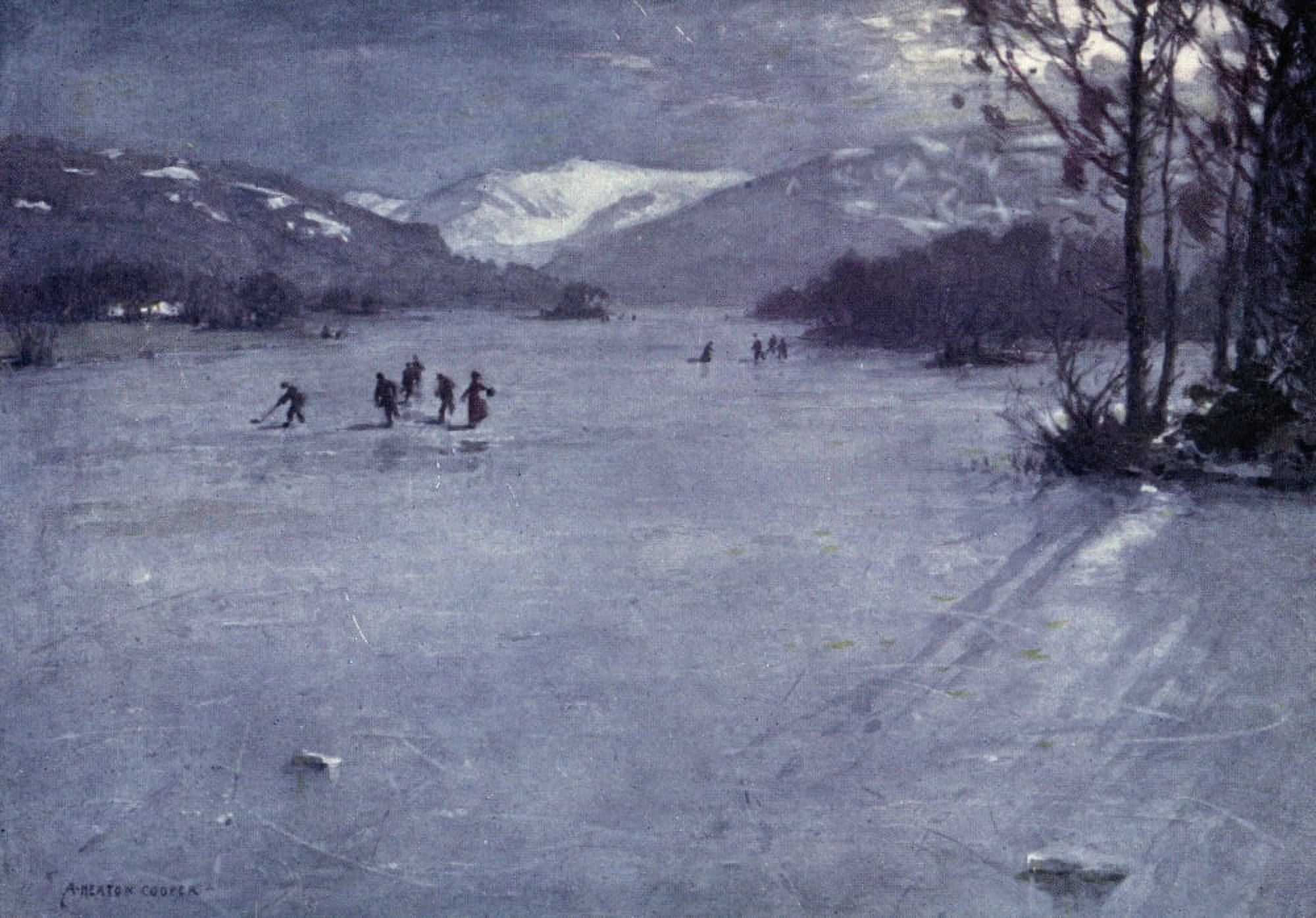 English Lakes 1908 Skating by moonlight on Windermere Canvas Art - A Cooper (24 x 36)