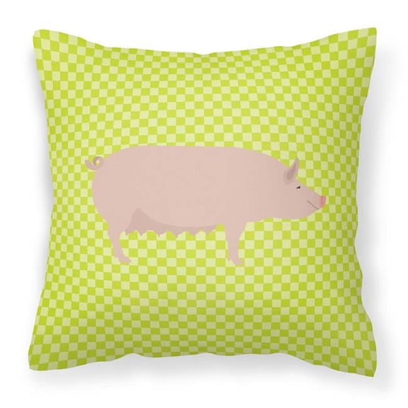 English Large White Pig Green Fabric Decorative Pillow - 14 x 14 in.
