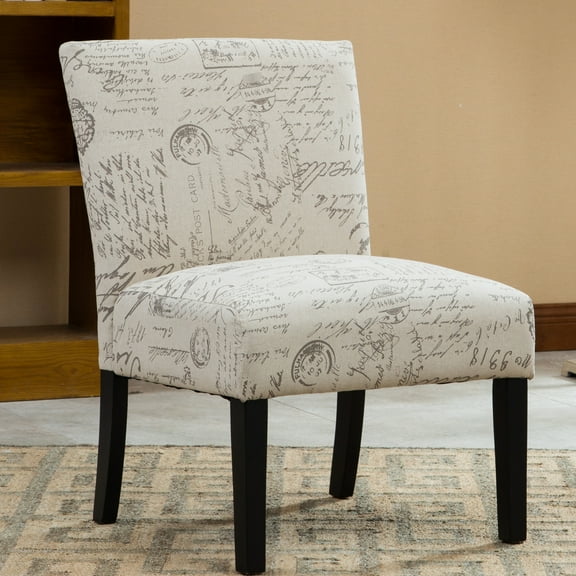 English Letter Print Armchair, Cotton Fabric, Taupe And Cream Upholstery, Wood Support, Finish Legs, 22.73"w X 25.5"d 33"h Modern Accent Chair With Blend Hues, Solid Construction, Dark