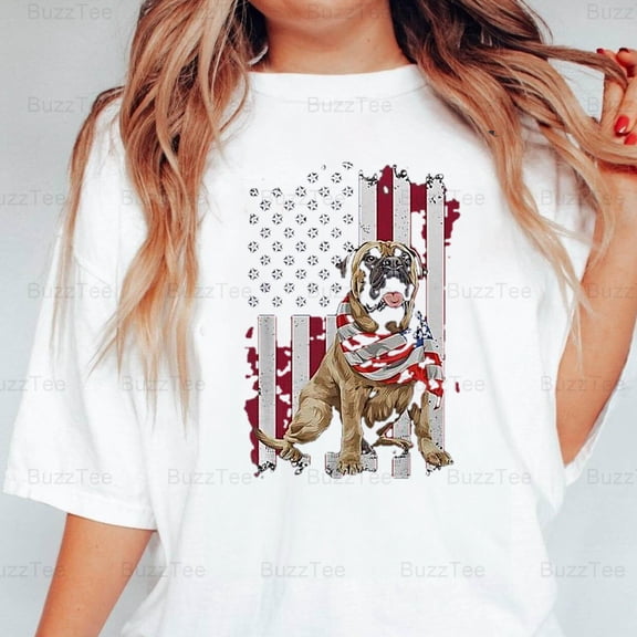 English Mastiff American Flag 4th July Dog Lover Pet Patriotic T-Shirt Unisex, up to 5XL