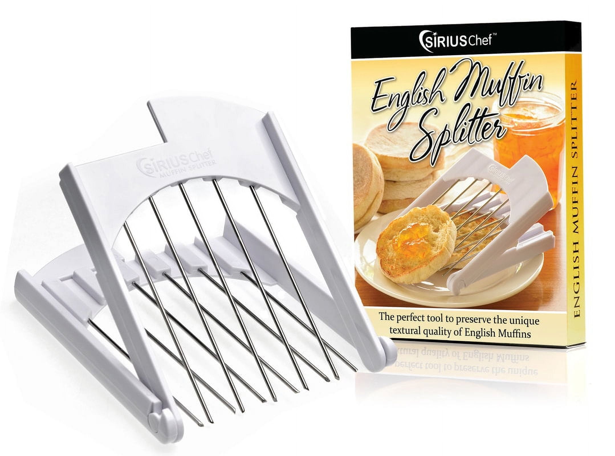 English Muffin Splitter by Sirius Chef - White handles with