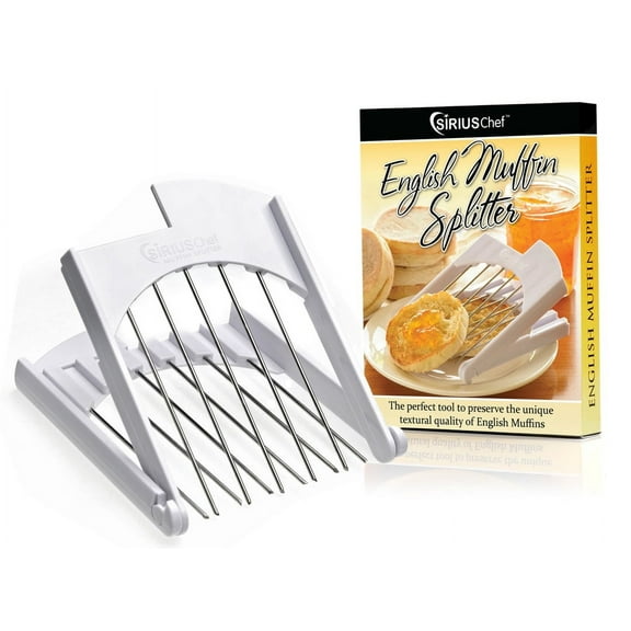 English Muffin Splitter by Sirius Chef - White handles with stainless steel tines - Crumpet, Muffin and Biscuit Splitter