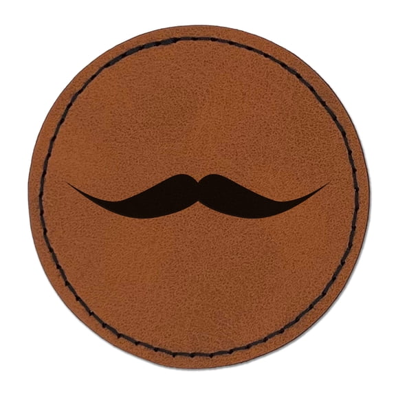 English Mustache Moustache Silhouette 2.5" Faux Leather Round Engraved Iron-On Patch - Brown