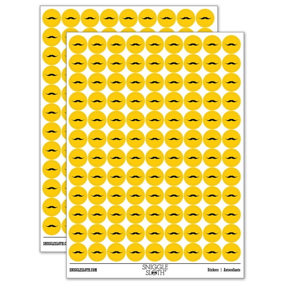 English Mustache Moustache Silhouette 200+ Round Stickers - Yellow - Gloss Finish - 0.50" Size