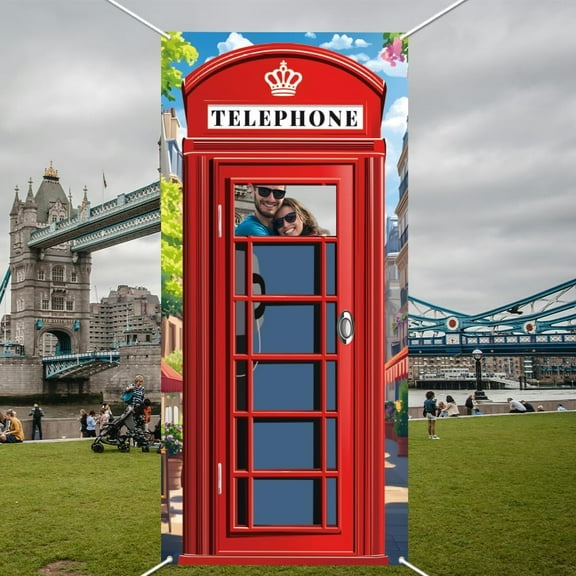 English Phone Booth Door Cover 5.9x3ft Large Fabric Red Telephone Box Door Banner British International Party Backdrop Decor English Theme Party Face in Hole Photography Background for DIY