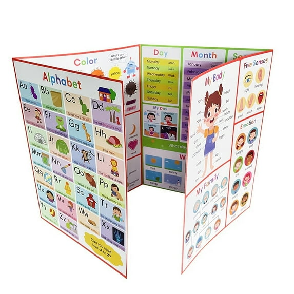 English Phonics Learning Chart, 4-Fold Design with Vowel/Consonant Sounds & Basic Vocabulary, Kindergarten Preschool Primary School Supplies One Size